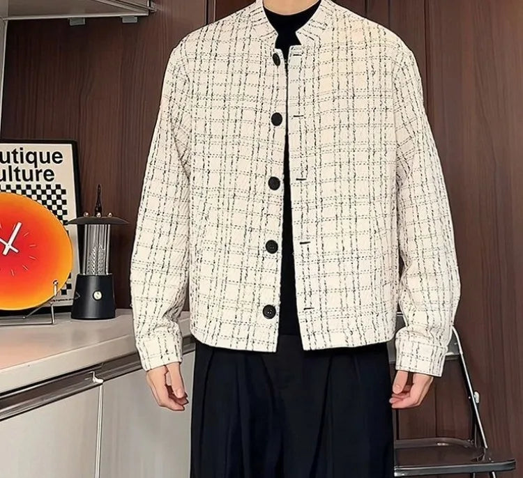 Men's Spring High-End Plaid Blazer Bad Boy Style Cropped Jacket Chinese Stand Collar Suit Outerwear