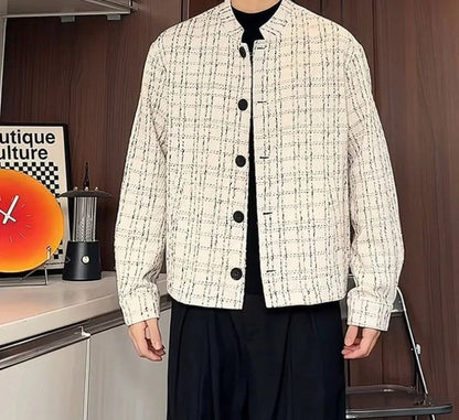 Men's Spring High-End Plaid Blazer Bad Boy Style Cropped Jacket Chinese Stand Collar Suit Outerwear