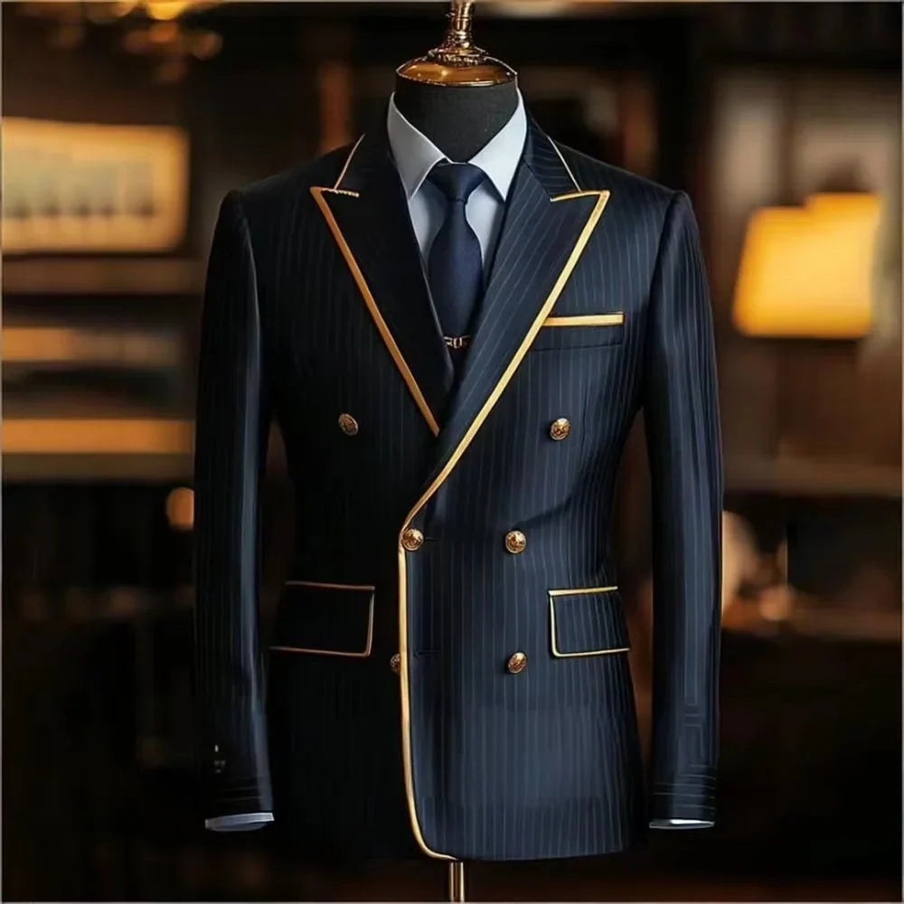 Pinstripe Double Breasted Peak Lapel Mens Suit Jacket Business Slim Fit Gold Trim Striped Coat Formal Wedding Prom Banquet Party