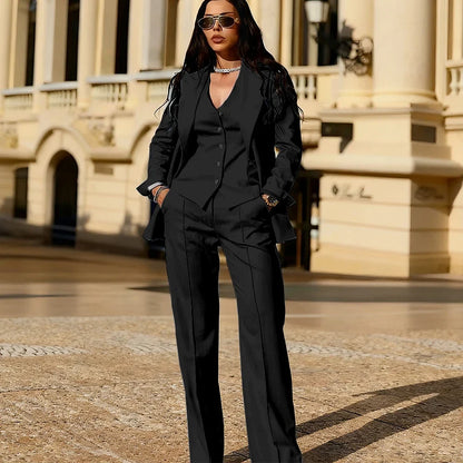 Light Blue 3 Piece Suit Set New Women's Jackets Single Breasted Peaked Lapel Blazer+Vest+Pants Formal Office Commute Outfit