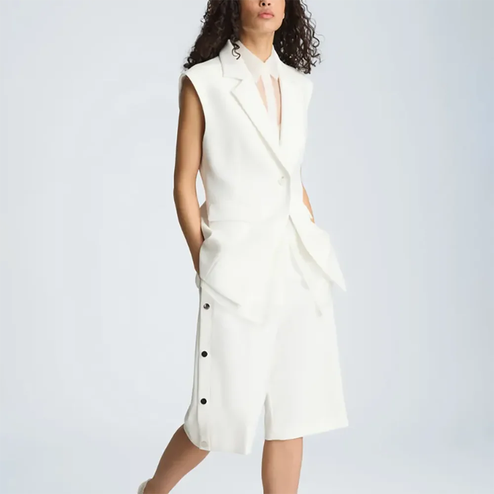 Modern Women Ivory Sleeveless Pants Suit Black Side Buttons Office Business Set Casual Single Button Female Streetwear