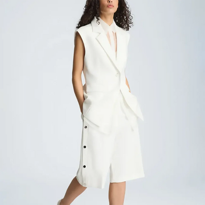 Modern Women Ivory Sleeveless Pants Suit Black Side Buttons Office Business Set Casual Single Button Female Streetwear