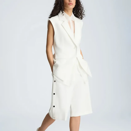 Modern Women Ivory Sleeveless Pants Suit Black Side Buttons Office Business Set Casual Single Button Female Streetwear