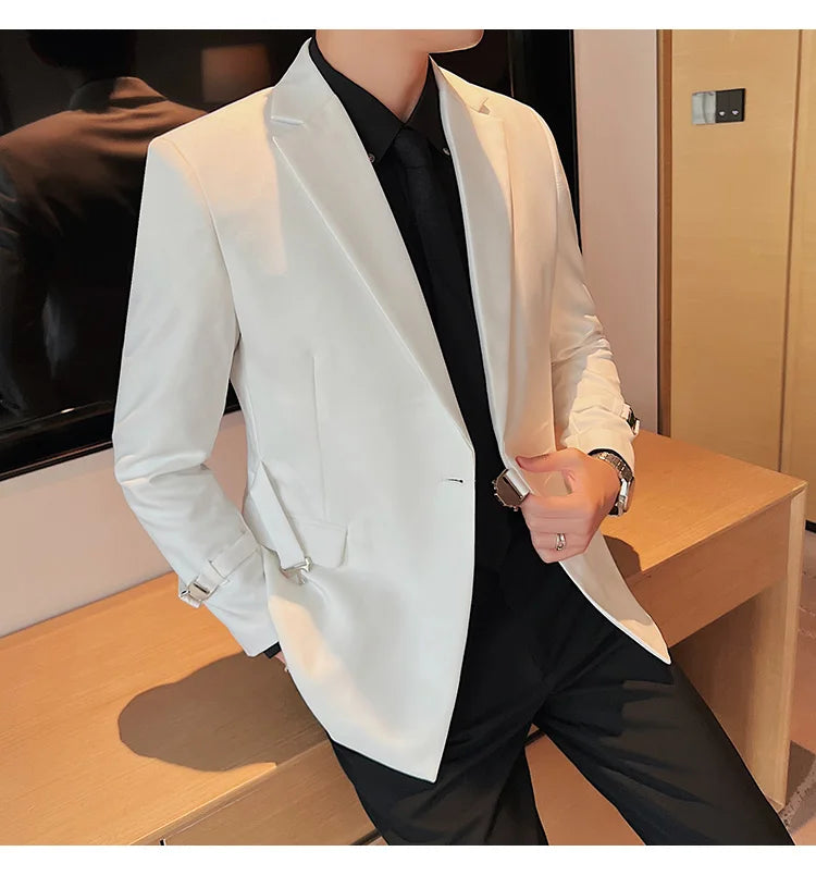 Men's Slim Fit Blazer Metal Buckle Decoration Smart Casual Wedding Party Jacket