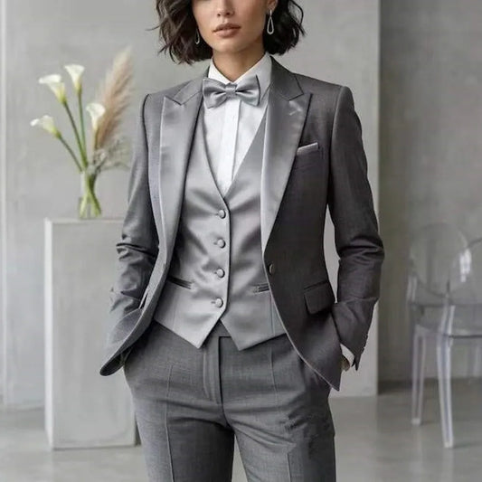 New Grey Formal Business Women Suit Wedding Party Prom Mother Girl Tuxedos Costume 3 Piece Set Blazer Vest Pants
