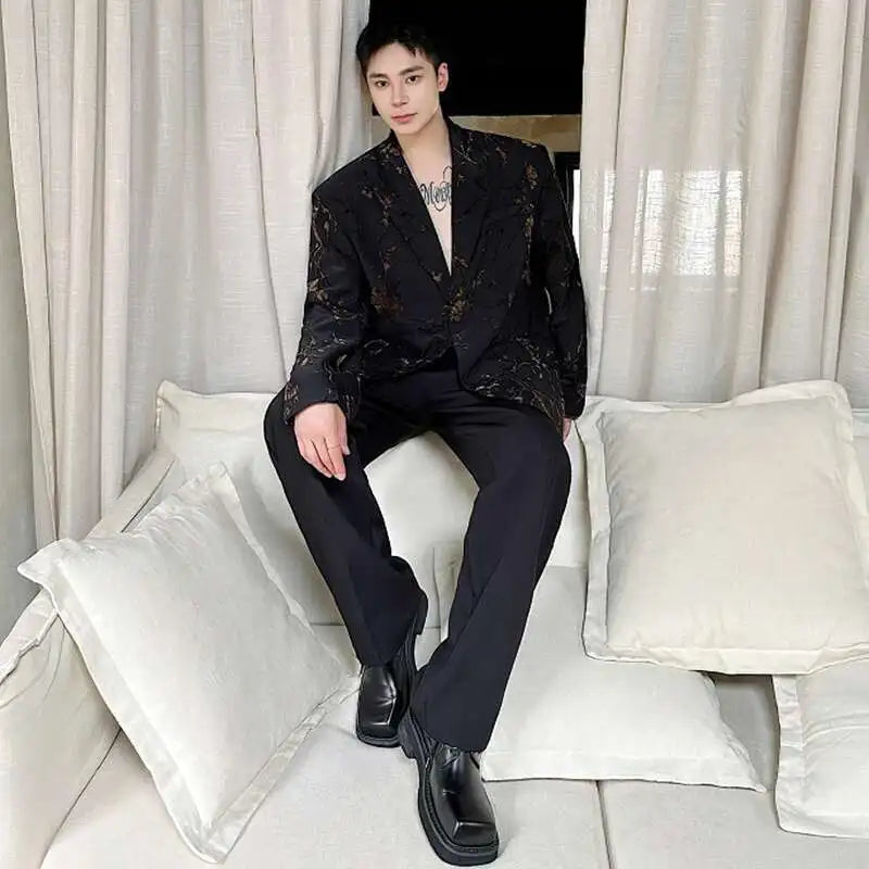Jacquard Design Casual Suit Jacket High Street Personalized Stylish Loose Blazers Coat Elegant Korean Men Clothing LZ5013