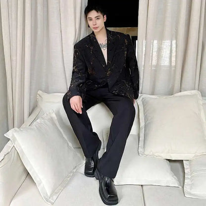Jacquard Design Casual Suit Jacket High Street Personalized Stylish Loose Blazers Coat Elegant Korean Men Clothing LZ5013