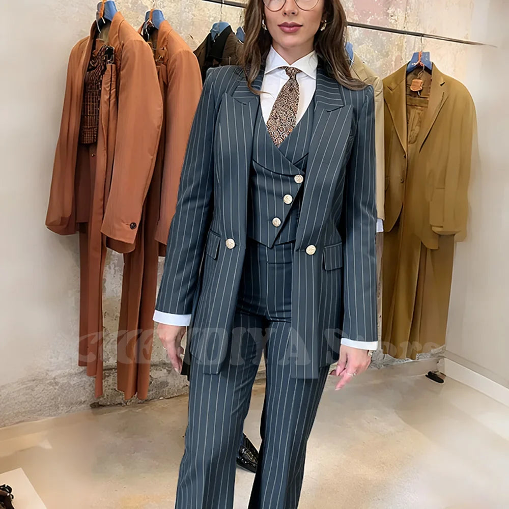 Navy Blue Striped Suit For Women Stylish Single Button Peak Lapel Elegant Outfit Business Meeting Office Formal Set Three Pieces