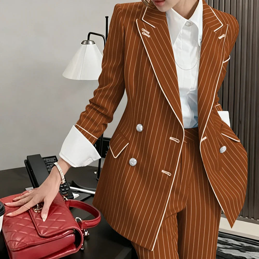 Slim-fit Women's Suit Modern Striped 2 Piece(Jacket+Pants) Set Classic Retro Blazer Daily Office Wear Business Formal Attire
