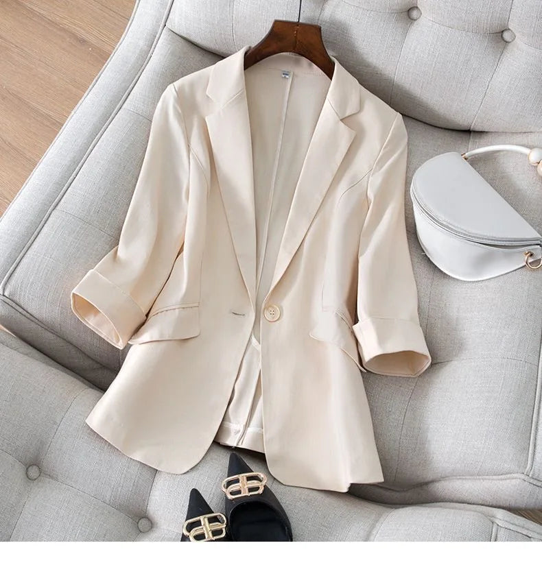 Spring Summer New Style Korean Version Silk Fashion Small Suit Jacket Women Thin Sleeve Seven Button Slim Fit Western Wear