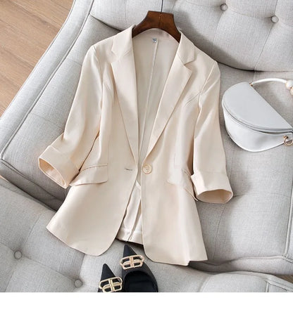 Spring Summer New Style Korean Version Silk Fashion Small Suit Jacket Women Thin Sleeve Seven Button Slim Fit Western Wear