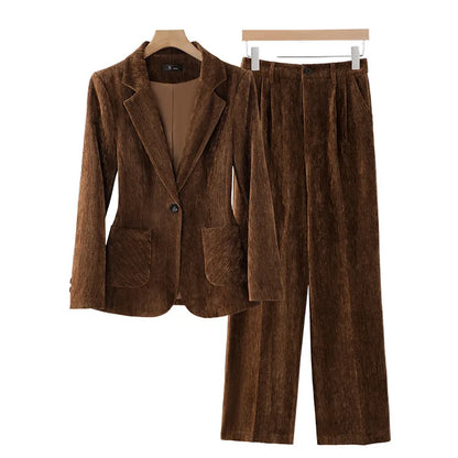 2024 Autumn New Corduroy Elegant Pant Suit Ladies Formal Business Work Wear 2 Piece Set Black Coffee Jacket Blazer And Trouser