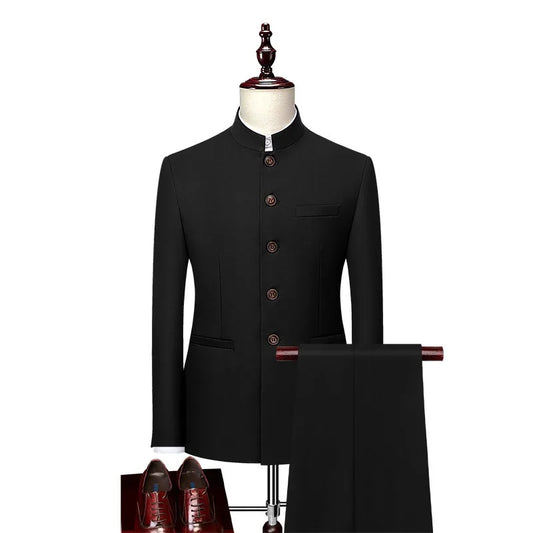 Men's Slim Fit Business Suit Mandarin Collar Zhongshan Suit for Work & Daily Wear