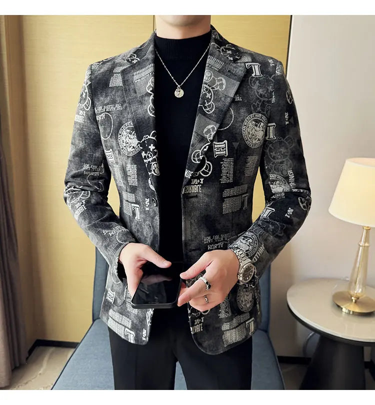 2024 Autumn Winter Jacquard Denim Suit Jacket for Men Fashion Business Casual Blazers Streetwear Social Men Clothing