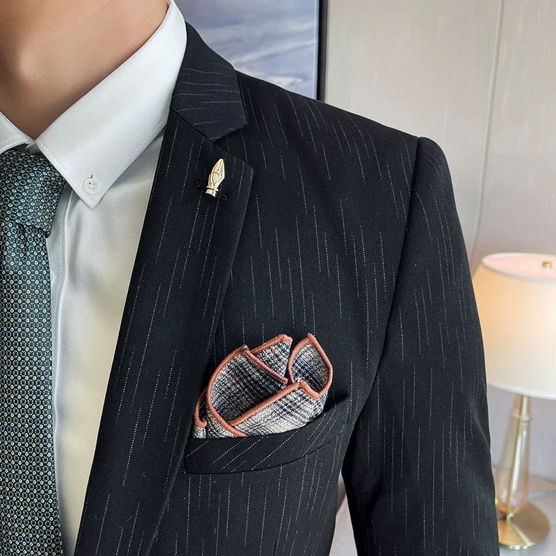 7XL 6XL(Jacket+Pant）Fashion Striped Men Slim Fit Suit Groom Wedding Tuxedo Formal Business Party Slim Fit Social Stage Costume