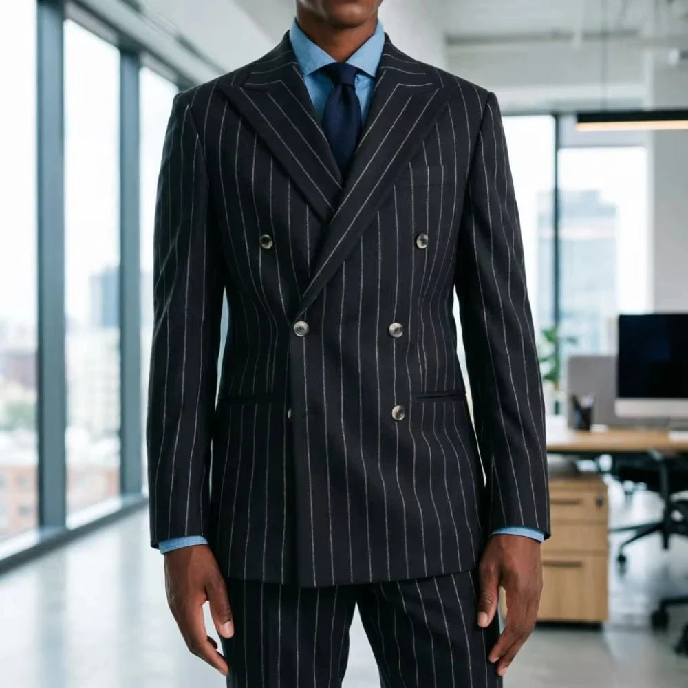 Mens Black stripe Double Breasted 2 Piece Slim Fit Wedding Tuxedo Tailored Groom Formal Blazer Pants Prom Party Office Wear