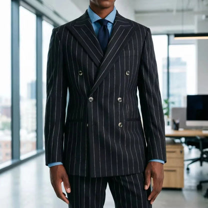 Mens Black stripe Double Breasted 2 Piece Slim Fit Wedding Tuxedo Tailored Groom Formal Blazer Pants Prom Party Office Wear
