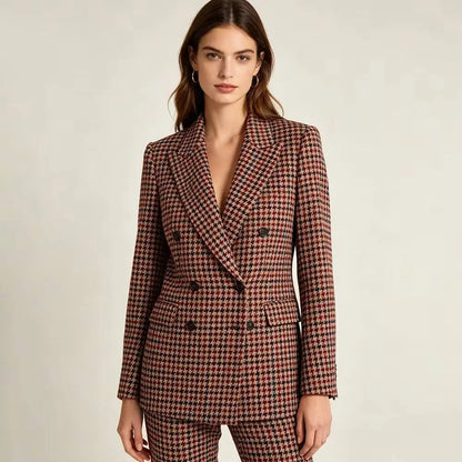 Luxury Vintage 2 Piece Suits High Quality Women's Houndstooth Double Breasted Peak Lapel Blazer Fashin Customzied Jacket Pants