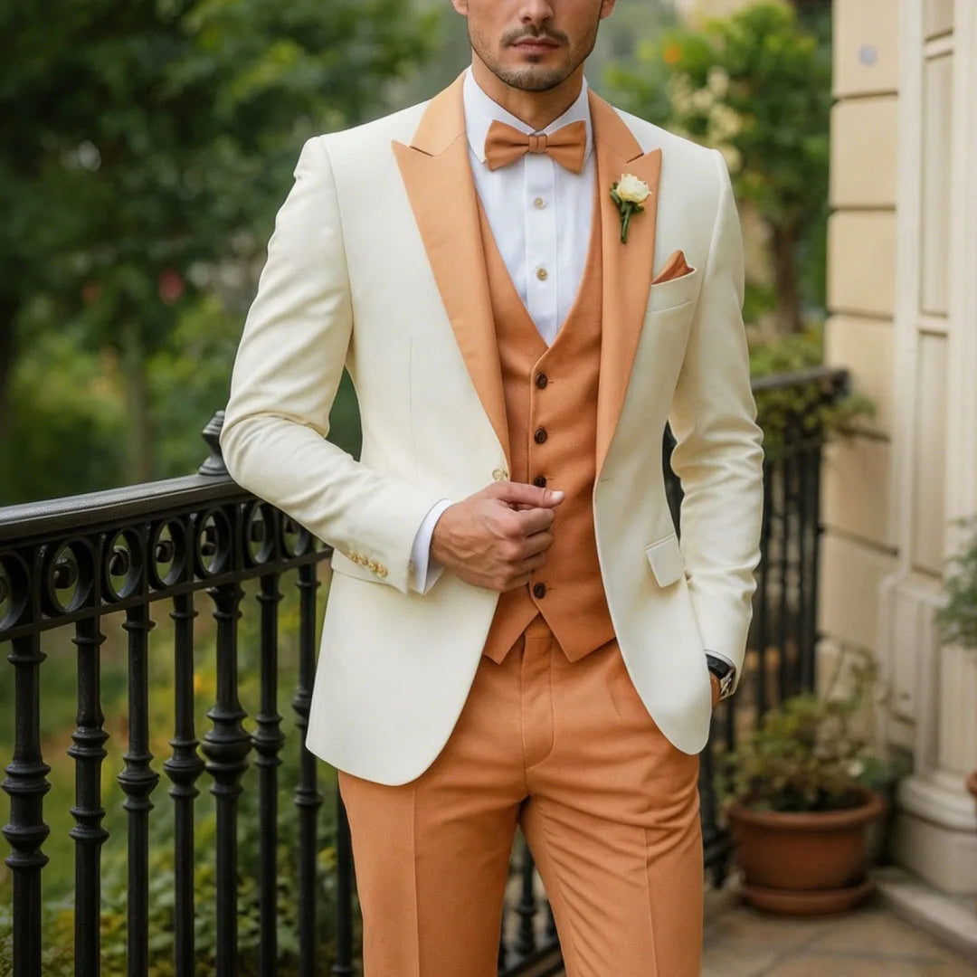Men Suit Cream 3 Pieces Single Button With Lapel For Wedding Birthday Banquet Party Business Work Office Jacket Vest Pants