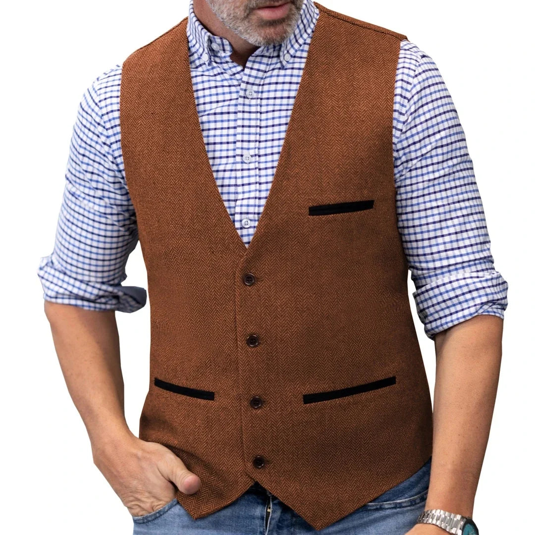 Men's Herringbone Tweed Vest Single Button V-Neck Waistcoat for Weddings and Formal Occasions