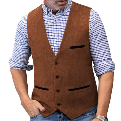 Men's Herringbone Tweed Vest Single Button V-Neck Waistcoat for Weddings and Formal Occasions