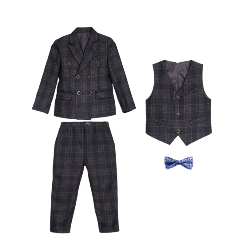 kids Gray Plaid Suit Set Flower Boys Wedding Outfit Children's 4Pieces Formal Wear With Jacket Vest Pants Bowtie