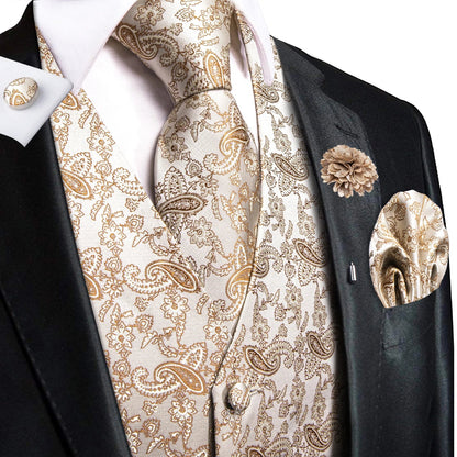Men's Jacquard Waistcoat Suit Vest with Tie Hanky Cufflinks Brooch Set for Weddings and Business Events