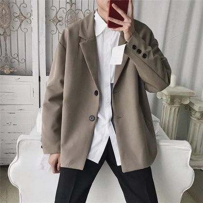 Men Spring Autumn Casual Blazer Set INS Korean Style Trendy Hong Kong Vibe Handsome Suit Jacket Outerwear