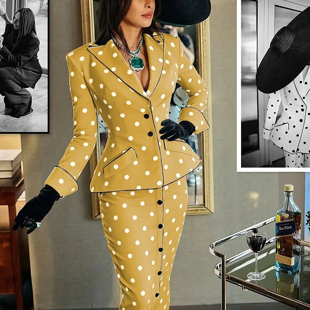Elegant Polka Dot Woman Clothes Professional Two Piece (Jacket+Skirt) Set for Retro Formal Party Cocktail Evening Streetwear