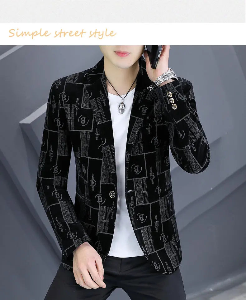 Autumn Luxury Corduroy Suit Jacket for Men Letter Printed Casual Business Men Blazers Slim Fit Social Banquet Party Dress Coats