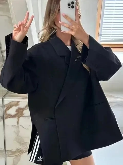 Cross-Border Women's Fashion Color Block Lapel Side Buttoned Suit Jacket Princess Style Loose Fit Long Sleeve Regular Length