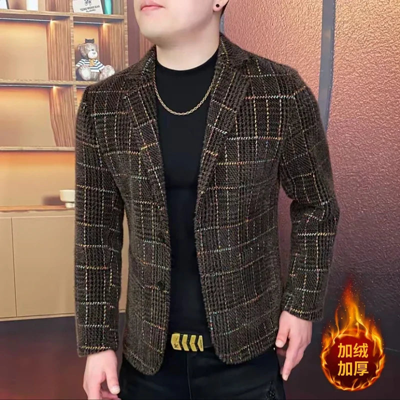 Winter Fleece Warm Suit Jacket for Men Fashion Plaid Slim Fit Casual Business Blazers Street Wear Social Jackets Men Clothing