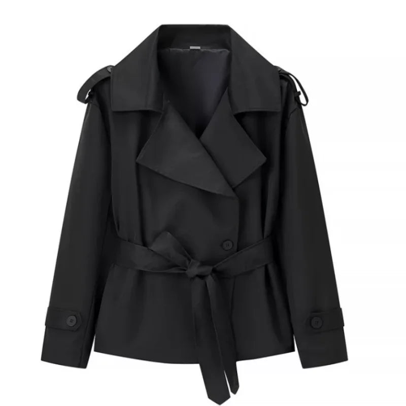 Solid Lapel Lace Up Jacket Elegant Chic Full Sleeve Button Loose Long Coat Women Office Lady Daily Commute Overcoat Windbreaker