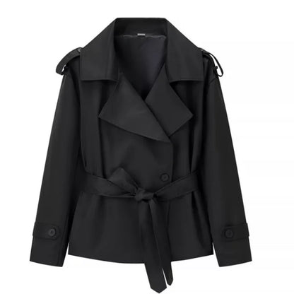 Solid Lapel Lace Up Jacket Elegant Chic Full Sleeve Button Loose Long Coat Women Office Lady Daily Commute Overcoat Windbreaker
