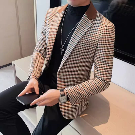 Men's High-Quality Fashion Suit Jacket Handsome Business Casual All-In-One Single-Breasted Checkered Design