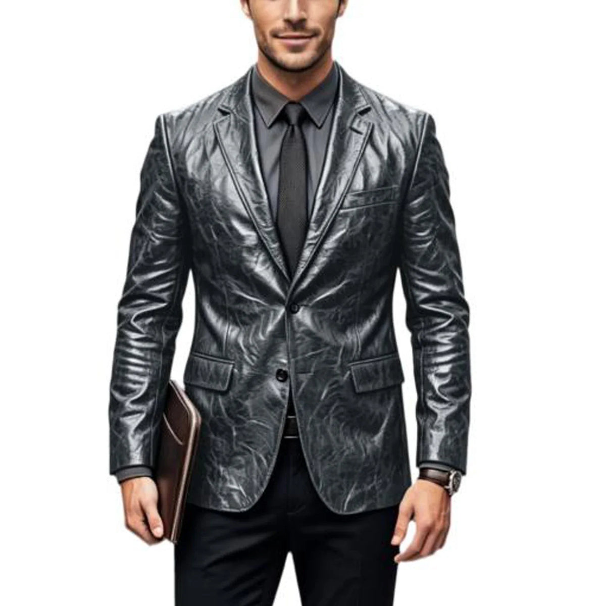 Vintage Wrinkled Men's PU Leather Blazer Slim Fit Notched Lapel Business Suit Jacket Two Button Casual Sport Coats for Office