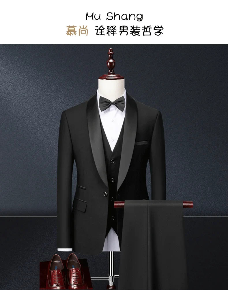 Men's black 3-piece slim fit elegant formal casual 3-piece set jacket vest pants business wedding dance regular sports jacket