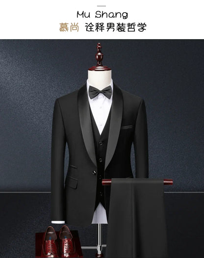 Men's black 3-piece slim fit elegant formal casual 3-piece set jacket vest pants business wedding dance regular sports jacket