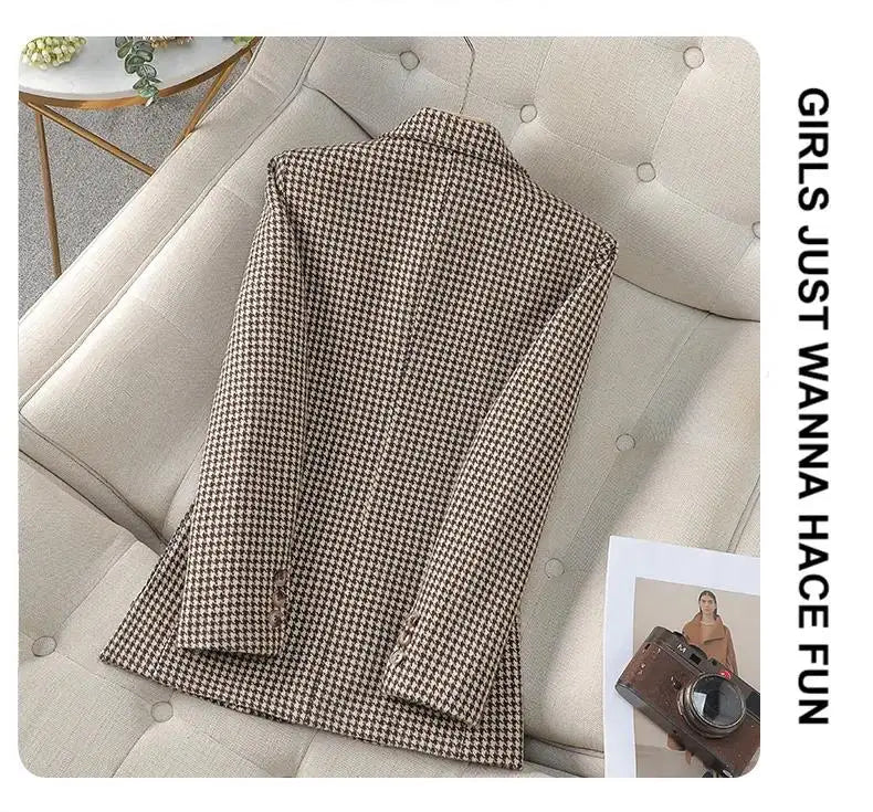Women Office Ladies Single Breasted Slim Blazer Coat Autumn Winter Fashion Plaid Temperament Long Sleeved Elegant Tops Vacation