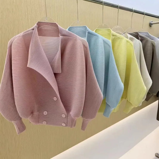 Pleated 2026 New Spring Summer Double-Breasted Lapel Long Sleeve Cardigan Casual Waist-Cinched Short Jacket Top for Women