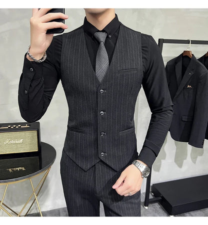 Slim Fit Double-breasted Striped Suit Vest Trousers 3-Piece Set Korean Fashion M-7XL Men's Fashionable Striped Three-piece Suit
