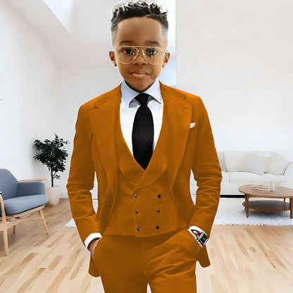 Brown Corduroy Boy Suit 3 Piece Blazer Vest Pant Suit Set Notched Lapel Formal Wedding Dresses Business Tuxedo Suits for Kids