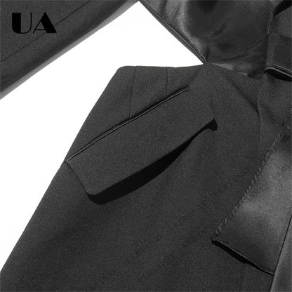 Womens Black Blazer with Satin Ruffle Waist Tie and Peak Lapel Events Gala Birthday Prom Party Suit Attire Slim Fitting