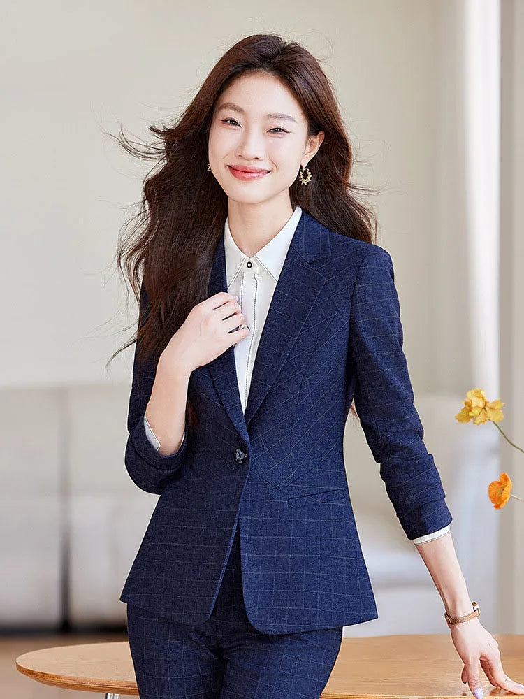 2024 Spring Autumn New Retro Plaid Elegant Blazer Coat And High Waist Pencil Pant Two Piece Set Women's Suit Business Clothing