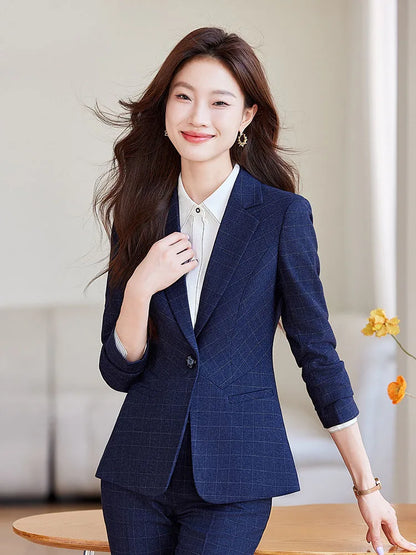 2024 Spring Autumn New Retro Plaid Elegant Blazer Coat And High Waist Pencil Pant Two Piece Set Women's Suit Business Clothing
