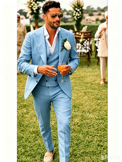 Costume de mariage 3 pièces beige/bleu en lin pour homme, costume de marié d'été, smoking décontracté de plage pour homme, ensemble veste, gilet et pantalon pour soirée de bal