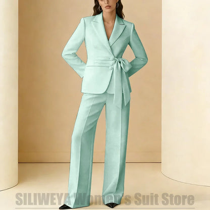 Women's Suit 2 Piece Bow Belt Design Formal Outfit for Wedding Party Prom Office Fashion Peak Lapel Daily Casual Lady Suits