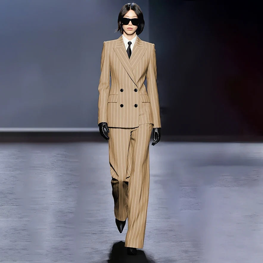 Dark Blue Stripes Women Suit Customized Double-breasted Peak Lapel Two Pieces(Jacket+Pants) Business Office Lady Competent Set
