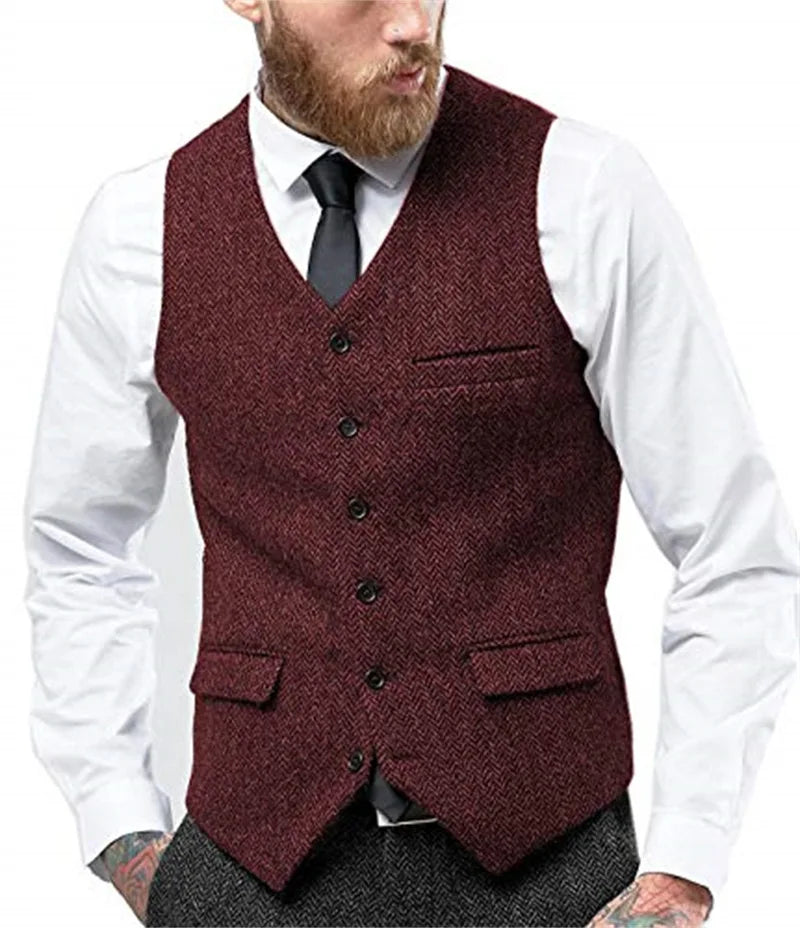 Men's Herringbone Waistcoat Single Breasted Slim Fit Suit Vest for Wedding & Formal Occasions