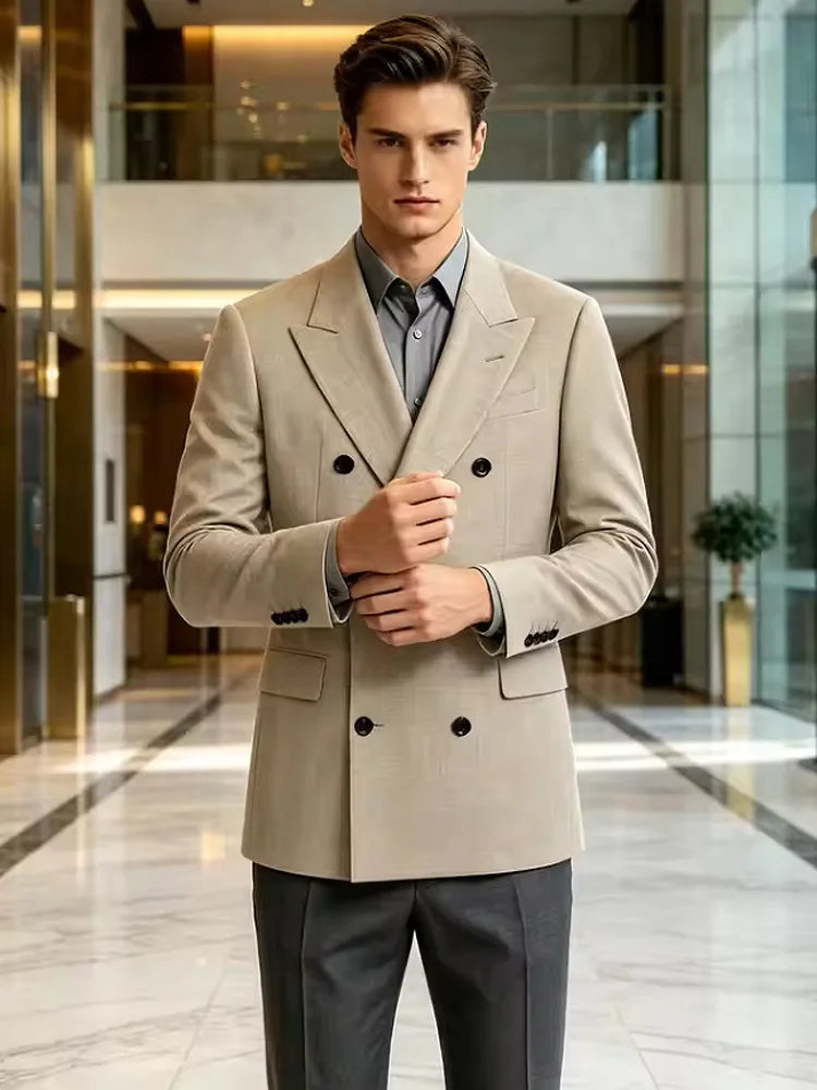 Men's Business Casual Linen Formal Suit Slim-fit Double-breasted Wedding Groom's Dress Party Daily Commuting